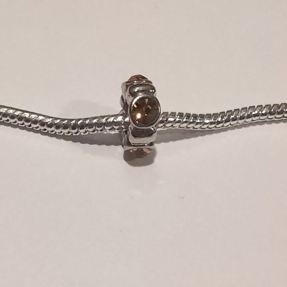 Silver Yellowish Amber Rhinestones Spacer Charm for Pandora Style Bracelet - Picture 2 of 4
